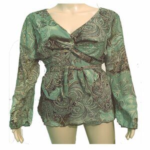 Dressbarn Green and Black Paisley with Gold decorations Blouse Size Large